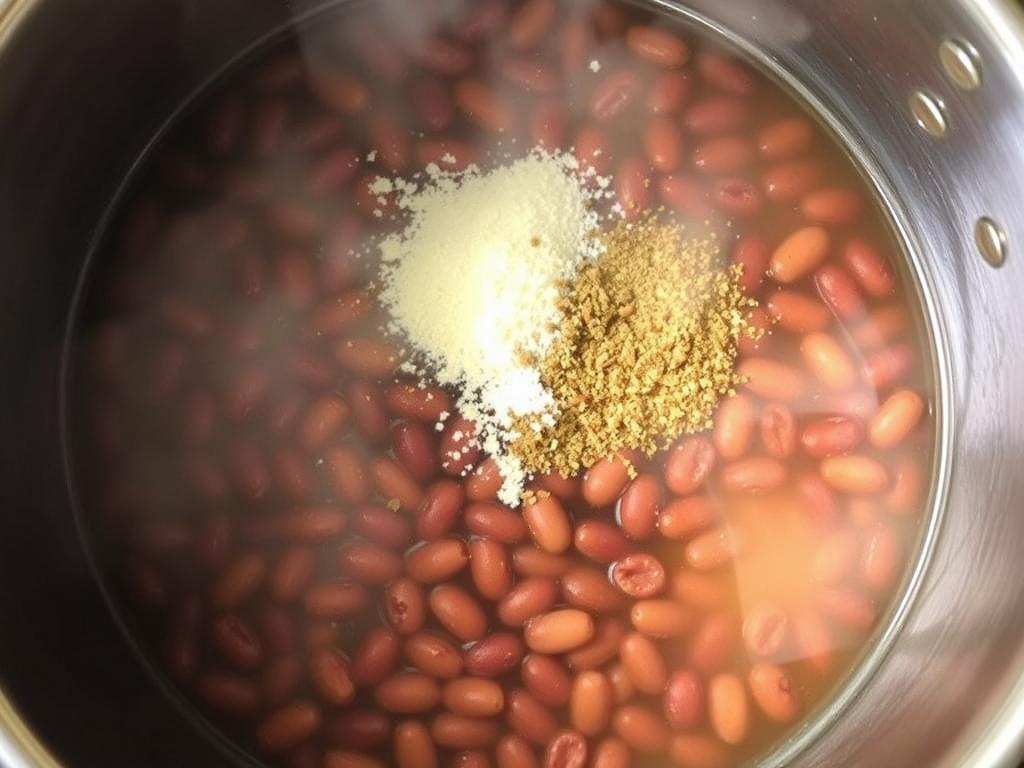 Close-up of the pot with the beans, water, and seasonings, showing the beans submerged in the liquid. The pot is on a stovetop with steam gently rising.