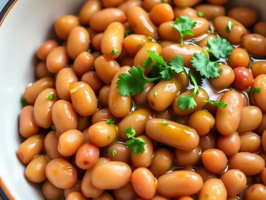 Another beautiful shot of a serving bowl of the cooked beans, this time garnished with a drizzle of olive oil and chopped fresh parsley.  The focus is on the texture and color of the beans.