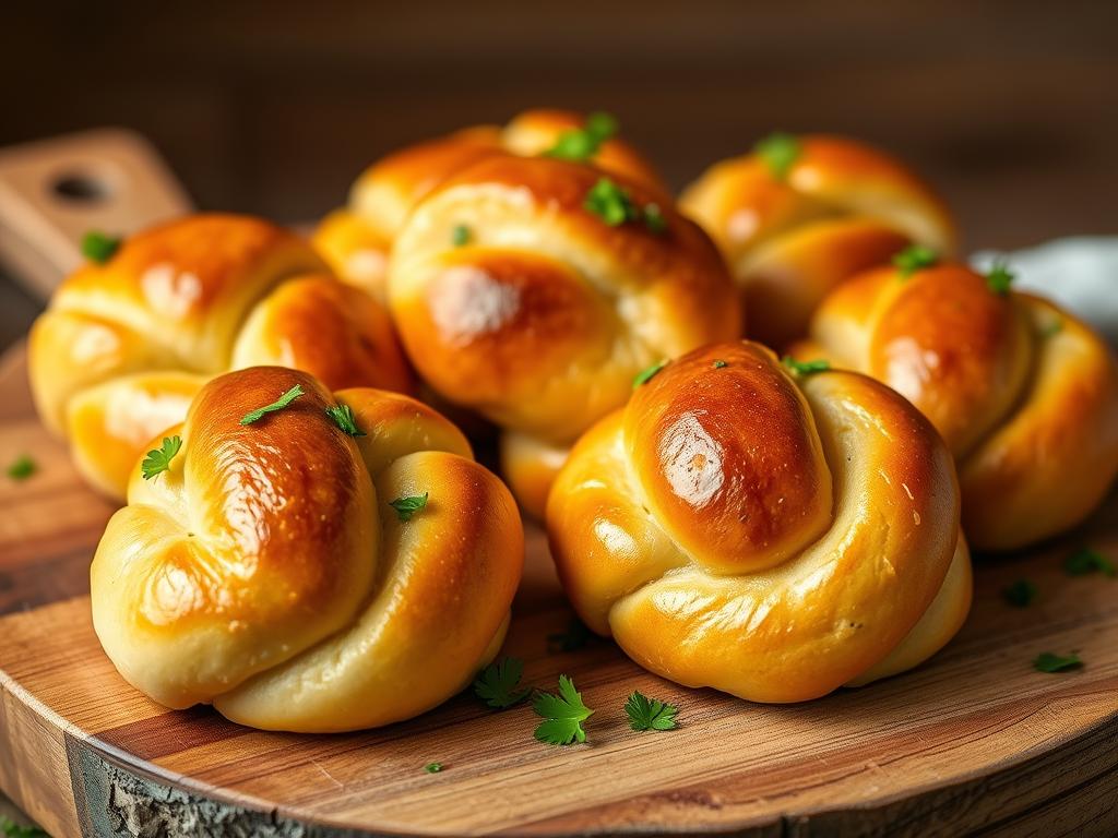 A stunning, high-quality hero shot of the finished Buttery Garlic Knots, arranged on a rustic wooden board, sprinkled with fresh parsley.  Bright, natural lighting illuminates the golden-brown knots, showcasing their soft texture and glossy butter sheen.  Shallow depth of field focuses on the knots in the foreground.