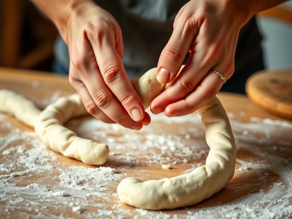 An action shot of hands gently stretching and shaping a piece of pizza dough into a long rope, showcasing the soft texture of the dough.  The background is slightly blurred, focusing attention on the hands and the dough.  Warm, inviting lighting.