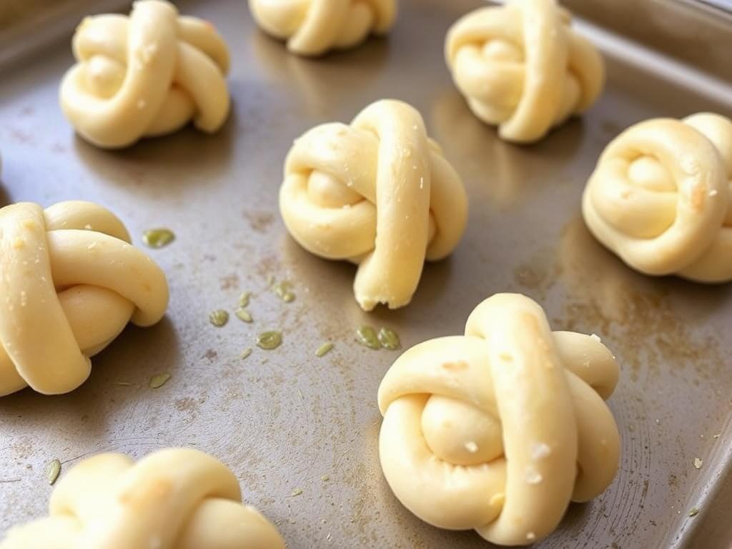 Close-up of several tied garlic knots arranged neatly on a baking sheet, ready to go into the oven. The knots are evenly spaced and look appealing.