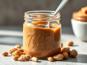 A stunning, high-quality hero shot of the finished peanut butter in a glass jar, with a spoon resting in it, showing the creamy texture.  Bright, natural lighting illuminates the rich brown color of the peanut butter.  A few whole peanuts are scattered artfully around the jar.
