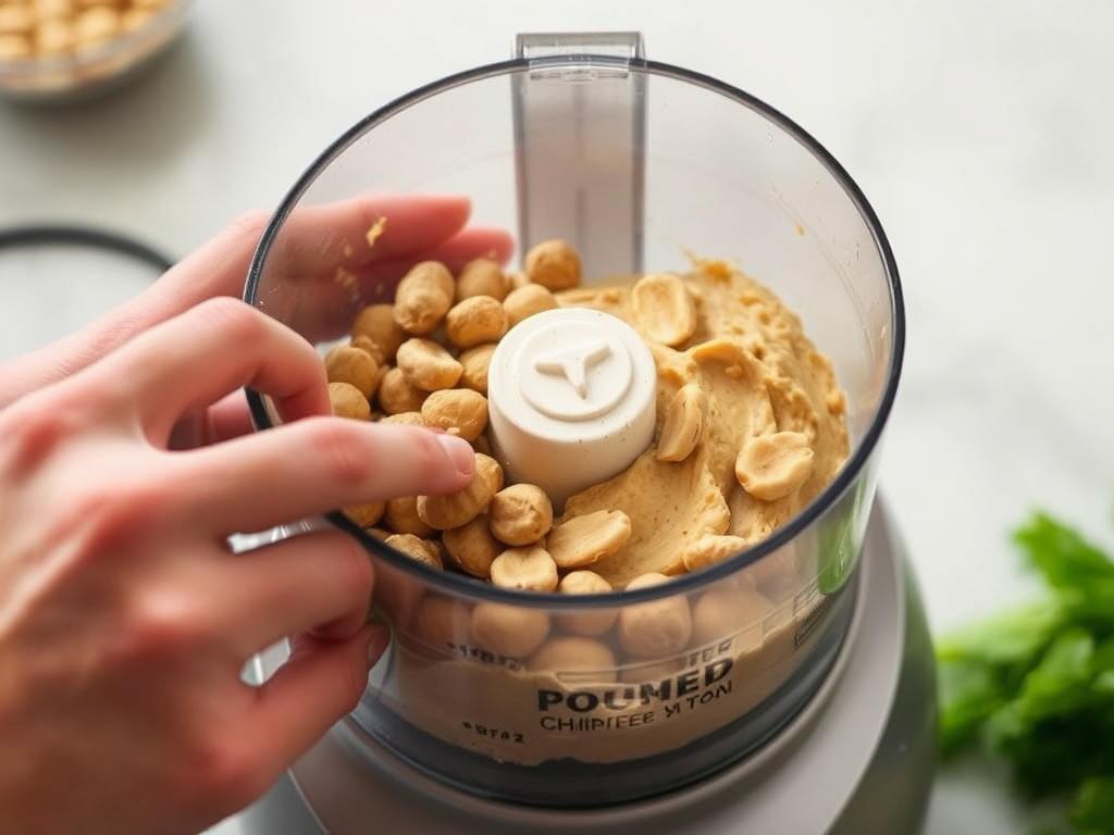 An action shot of hands using a food processor to blend roasted peanuts, showing the transformation from whole peanuts to a creamy paste.  The food processor should be clearly visible, and the focus should be on the process of blending.