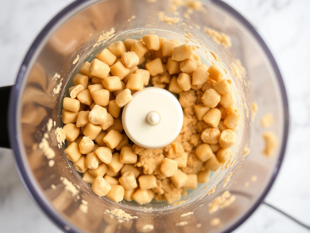 Close-up of the peanut mixture in the food processor halfway through the blending process, showcasing the transition from chunky peanuts to a smoother paste.