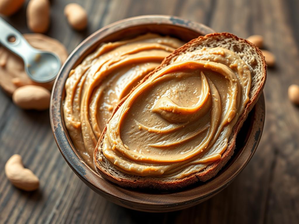 Another beautiful shot of the finished peanut butter, this time presented in a rustic bowl, with a piece of whole-wheat bread spread generously with it.  The focus should be on the creamy texture and the appetizing look of the spread on the bread.