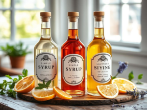 A stunning, high-quality hero shot of three different simple syrups: classic, vanilla bean, and lavender, in clear glass bottles with elegant labels.  The bottles are arranged on a rustic wooden surface with fresh herbs and citrus slices artfully placed around them. Bright, natural light streams in from a window, casting soft shadows.