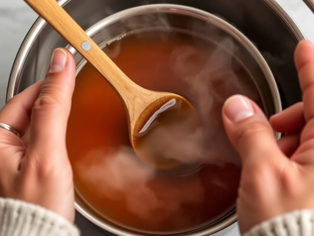An action shot of hands gently stirring a saucepan of simmering simple syrup with a wooden spoon.  The syrup is a clear, amber color, and steam is gently rising. The background is softly blurred, focusing attention on the hands and the process.
