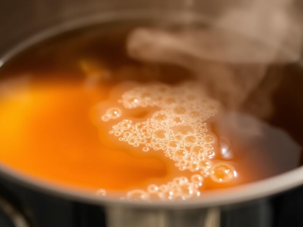 Close-up of the simmering simple syrup in a saucepan, showing the gentle bubbles and the clear, amber color of the liquid. Steam is gently rising.