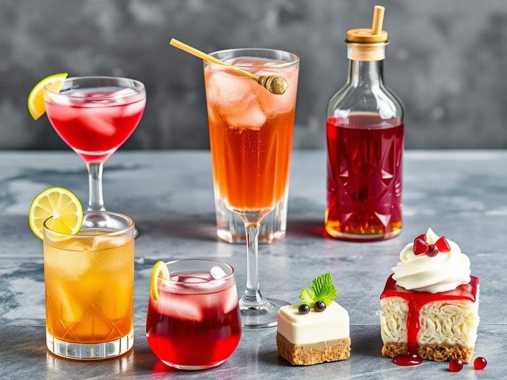 Another beautiful shot showcasing a selection of cocktails and desserts that utilize the simple syrups, showing the versatility and visual appeal of the syrups in different applications.