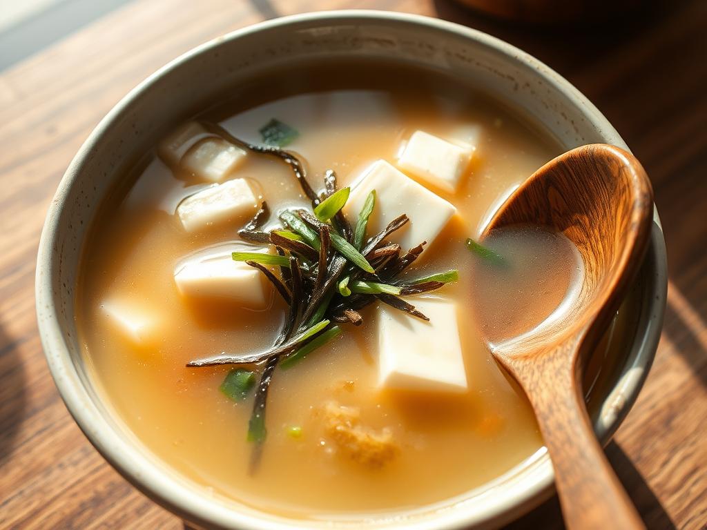 A stunning, high-quality hero shot of a steaming bowl of miso soup.  The broth is a pale golden color, with visible pieces of silken tofu, wakame seaweed, and finely sliced scallions.  Bright, natural light illuminates the scene, highlighting the texture and depth of the soup.  A rustic wooden spoon rests beside the bowl, adding to the warmth and authenticity.