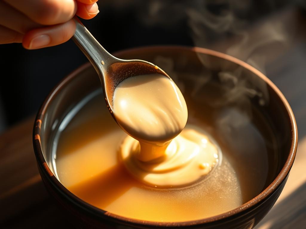 An action shot showing hands gently stirring miso paste into a steaming bowl of dashi broth. The light is warm and inviting, focusing on the smooth, creamy texture of the miso dissolving into the clear broth.  The background is slightly blurred, keeping the focus on the hands and the blending process.