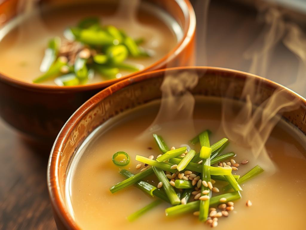 Another beautiful shot of two bowls of miso soup, this time showing a close-up of the toppings: finely sliced scallions and a sprinkle of sesame seeds.  The lighting is soft and warm, emphasizing the vibrant green of the scallions against the pale golden broth. Steam gently rises from the bowls, creating a sense of warmth and comfort.