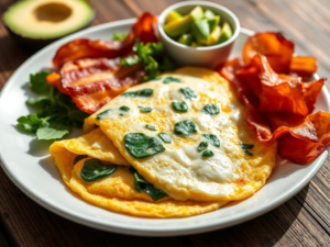 A stunning, high-quality hero shot of a beautifully arranged plate featuring several low-carb breakfast options: a fluffy keto omelet with cheese and spinach, a side of crispy bacon, and a small bowl of avocado slices. Bright, natural lighting illuminates the vibrant colors of the food, with a rustic wooden background.  The focus is sharp and appetizing, showcasing the texture and detail of each element.