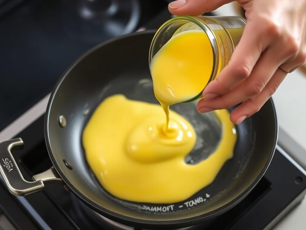 An action shot showing hands carefully pouring the egg mixture into a hot pan coated with coconut oil. The pan is non-stick, and the egg mixture is beginning to set around the edges. The background is blurred, focusing attention on the hands and the cooking process.