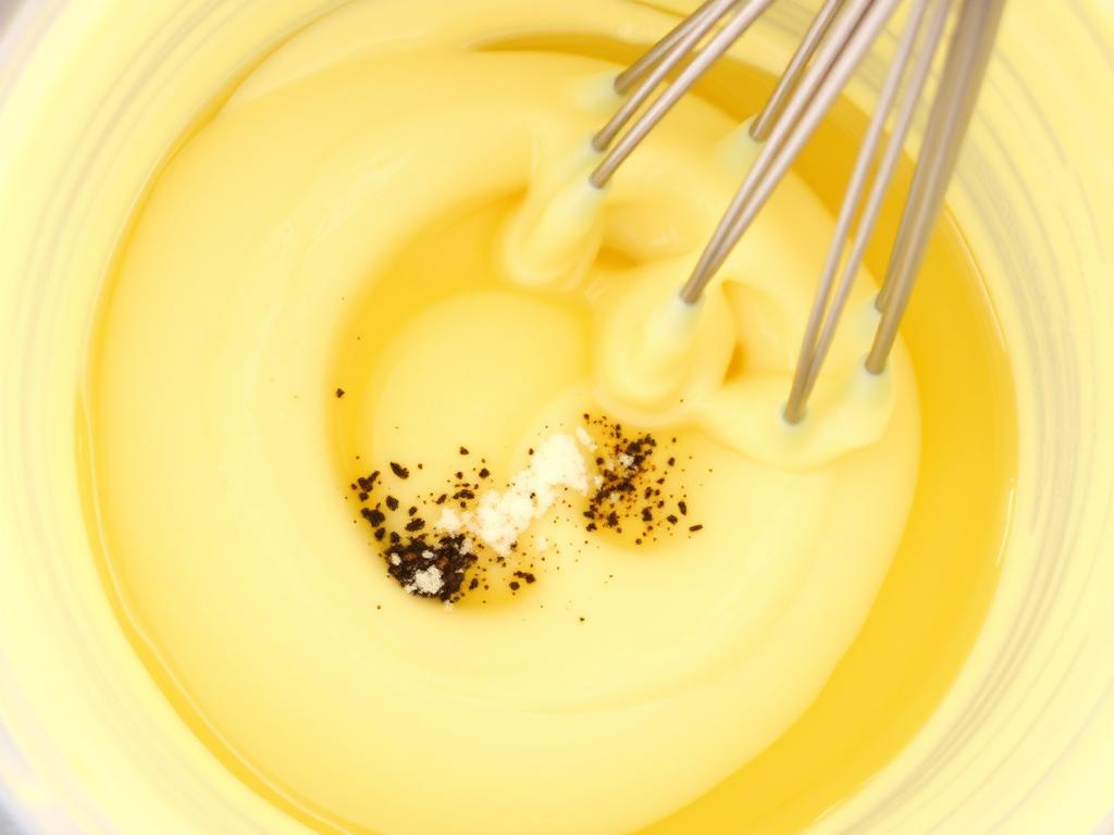Close-up of the whisked egg mixture in a bowl, showing the creamy texture and the incorporation of salt and pepper.