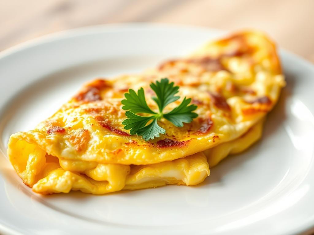 Another beautiful shot of the plated low-carb breakfast, this time with a focus on the texture of the omelet.  The lighting highlights the golden brown color of the cooked eggs and the melted cheese. A sprig of fresh parsley adds a pop of green.
