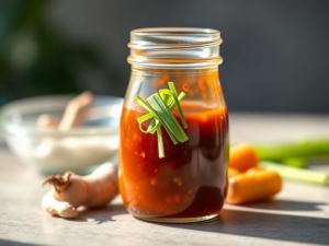A stunning, high-quality hero shot of the finished stir-fry sauce in a clear glass jar, garnished with a few thinly sliced scallions and a small piece of ginger.  Bright, natural light illuminates the sauce, showcasing its rich color and glossy texture. The background is subtly blurred, focusing attention on the jar.