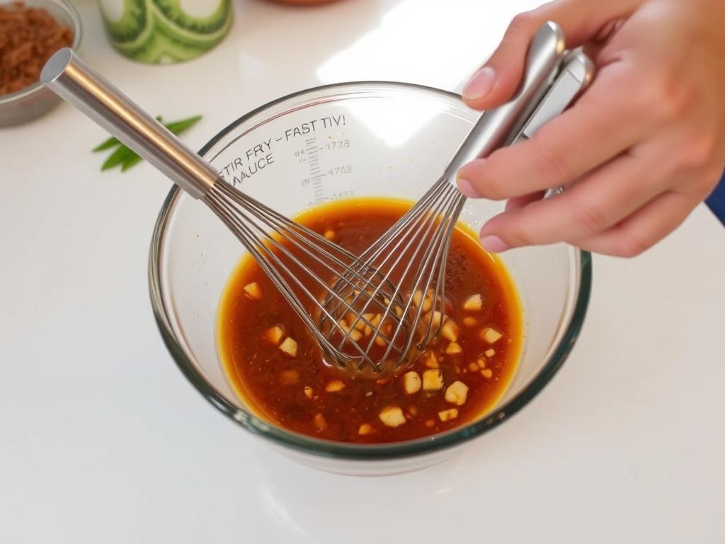 An action shot of hands gently whisking together the stir-fry sauce ingredients in a medium-sized bowl. The bowl is positioned on a clean kitchen counter, with a few other ingredients visible in the background. Natural light is used, emphasizing the texture and color of the sauce as it's being mixed.