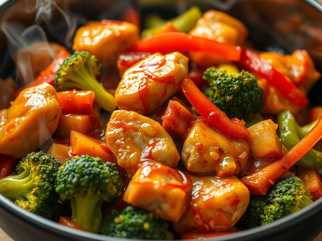 A close-up shot of a vibrant stir-fry dish featuring chicken, broccoli, and bell peppers, generously coated in the homemade stir-fry sauce. The dish is served in a stylish bowl, with steam gently rising from it.  The lighting is warm and inviting, highlighting the glossy texture of the sauce and the colorful vegetables.