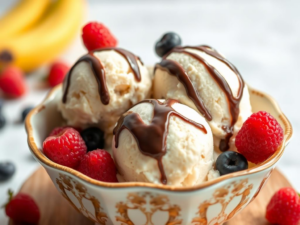 A stunning, high-quality hero shot of the finished "Making Vegan Ice Cream With Bananas", beautifully styled and appetizing. Three scoops of the ice cream are nestled in a vintage bowl, garnished with fresh berries and a drizzle of melted dark chocolate. Bright, natural lighting illuminates the scene, highlighting the creamy texture and vibrant colors of the ice cream and toppings.  A lightly blurred background provides a soft contrast.