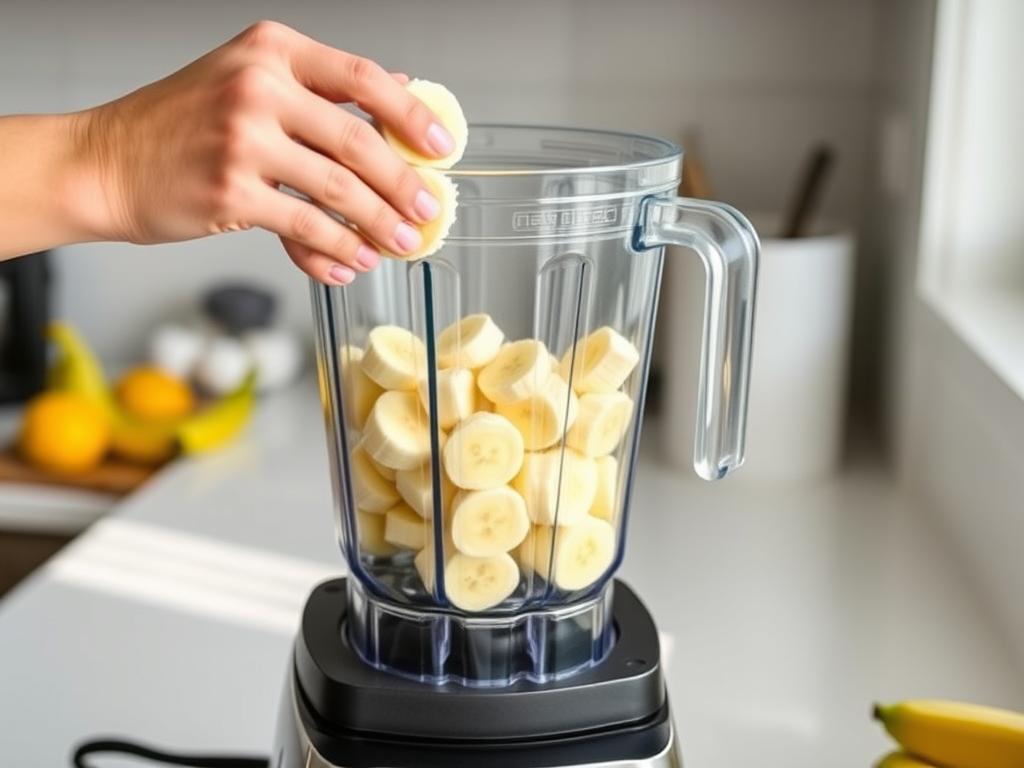 An action shot of hands carefully adding frozen banana slices to a high-powered blender. The blender is partially visible, and the surrounding countertop is clean and organized. The lighting is bright and natural, highlighting the vibrant yellow of the bananas.