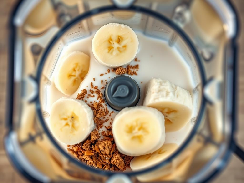 Close-up of the blender with the frozen banana slices, plant-based milk, and other ingredients, just before blending. The ingredients are clearly visible, and the lighting emphasizes the texture and color contrast.