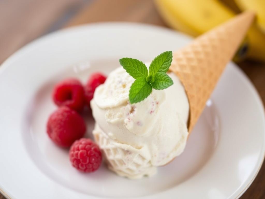 Another beautiful shot of the plated "Making Vegan Ice Cream With Bananas", this time showcasing a single scoop on a waffle cone, with fresh raspberries and a mint sprig as garnish. The focus is sharp on the ice cream, with a soft-focus background to emphasize the texture.