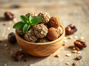 A stunning, high-quality hero shot of the finished "Making Your Own Energy Bites With Oats And Dates", beautifully styled and appetizing.  Bright, natural lighting illuminates a small wooden bowl overflowing with perfectly formed energy bites, some dusted with cocoa powder, others with chopped nuts.  A sprig of mint adds a touch of freshness. The background is a softly blurred rustic wooden table.