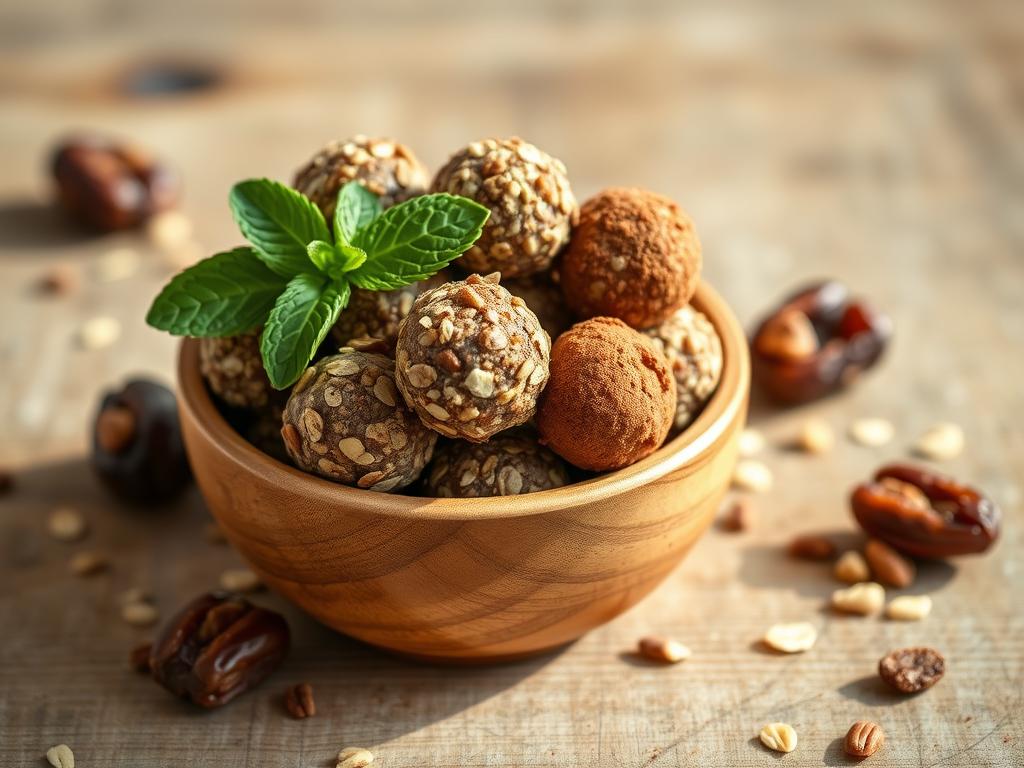 A stunning, high-quality hero shot of the finished "Making Your Own Energy Bites With Oats And Dates", beautifully styled and appetizing.  Bright, natural lighting illuminates a small wooden bowl overflowing with perfectly formed energy bites, some dusted with cocoa powder, others with chopped nuts.  A sprig of mint adds a touch of freshness. The background is a softly blurred rustic wooden table.