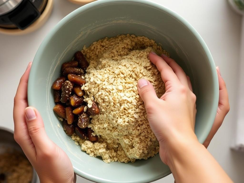 An action shot related to preparing "Making Your Own Energy Bites With Oats And Dates", like ingredients being mixed, dough being kneaded, or an important technique being demonstrated. Show hands if natural. A pair of hands are gently mixing the ingredients in a large bowl. The ingredients are clearly visible and look fresh. The background is slightly blurred but shows a clean kitchen environment.</p>