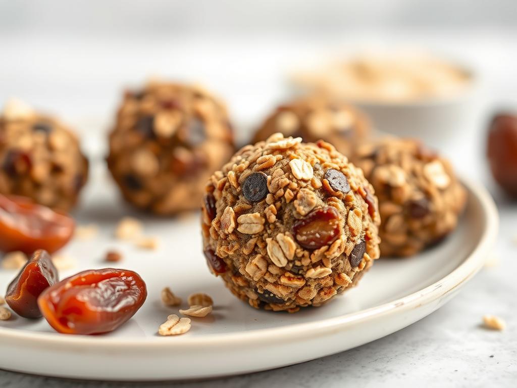 Another beautiful shot of the plated "Making Your Own Energy Bites With Oats And Dates", perhaps a different angle, a serving suggestion, or a close-up on a detail. A close-up shot of a single energy bite, showcasing its texture and ingredients.  The background is softly blurred, with a focus on the rich colors and appealing texture of the bite.</p>